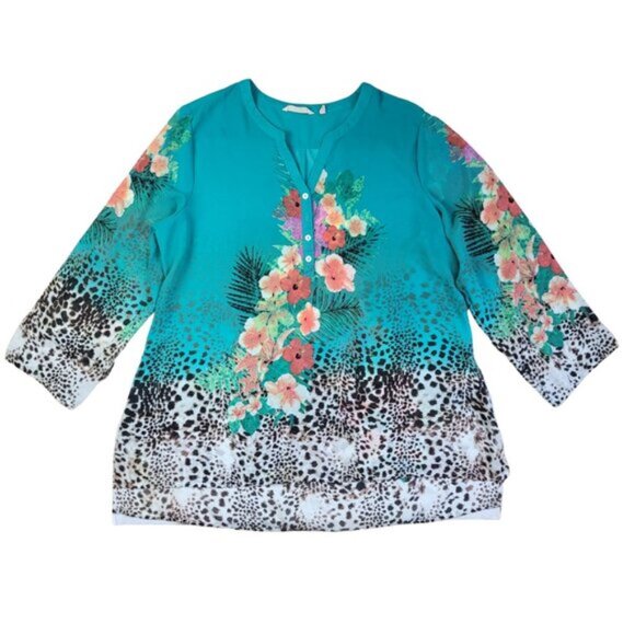 Soft Surroundings Tropical V-Neck Tunic Sheer Blouse - Picture 2 of 13